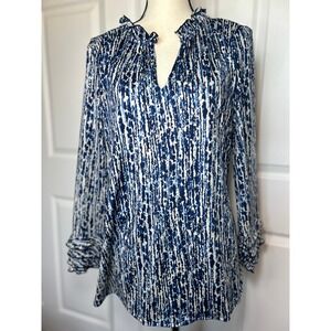 La Mer Luxe Women's Blue White Abstract Print Long Sleeve Ruffle Neck Top‎ Large